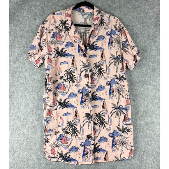 Modcloth Pepaloves Shirtdress Womens Medium Pink Rayon Tropical Beach Aloha - Picture 1 of 13